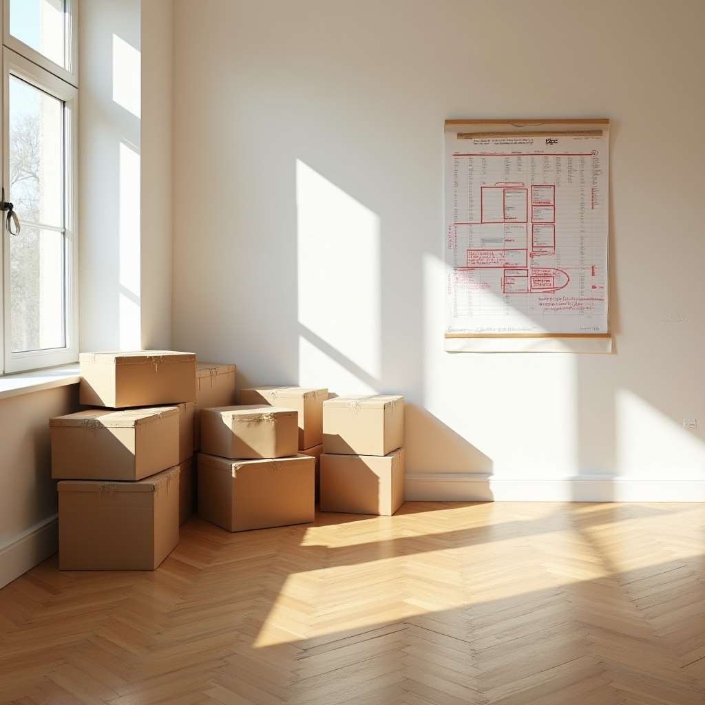 Kalender und Umzugskartons in einer Wohnung